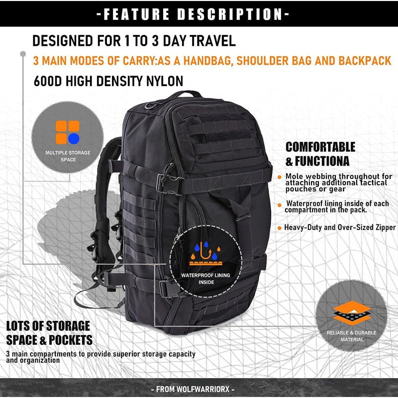 3 in 1 Military Duffel Bag - Tactical Travel Outdoor Rucksack Waterproof Backpack - Howlettne