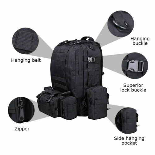 60L Large Backpack Daypack with 3 MOLLE Bags Military Grade Tactical Outdoor - Howlettne